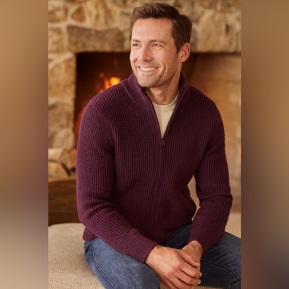 LL Bean Mens Waffle Knit Full Zip Cardigan Maroon Gorpcore Old Money size L‎